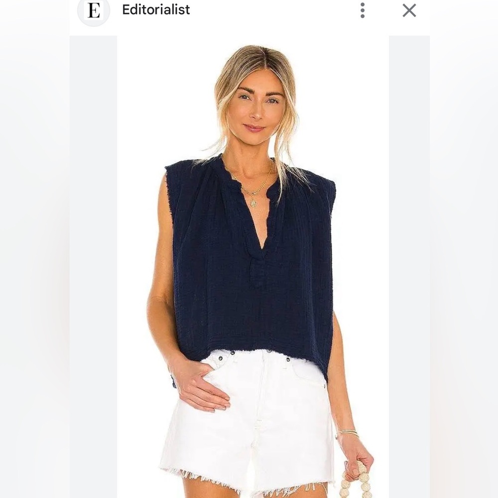9Seed Idyllwild Sleeveless Gauze Top Navy Blue Boho V-Neck Resort Blouse